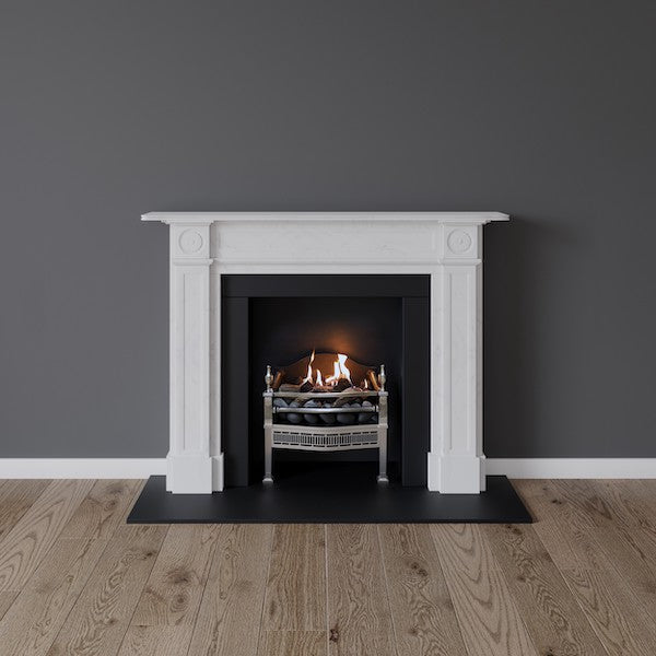 Barnes fireplace in white marble with traditional fire basket