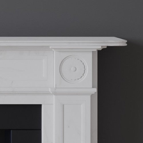 Detail of Barnes fireplace in white marble