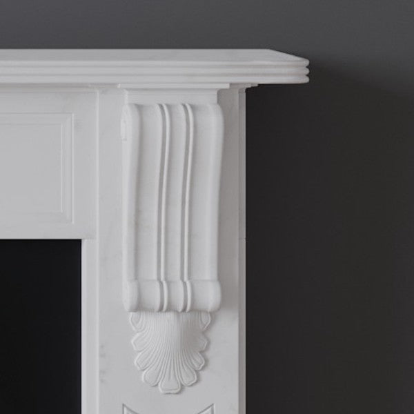 Detail of Clapham fireplace in white marble