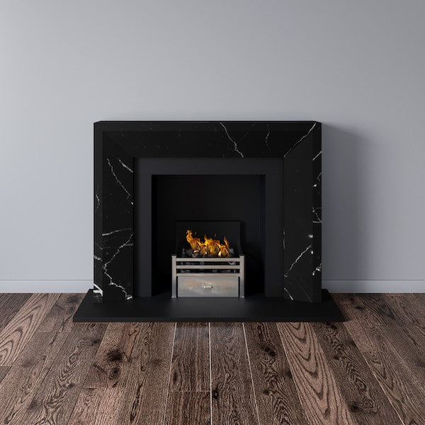 Clerkenwall fireplace in black marble with modern gas fire basket