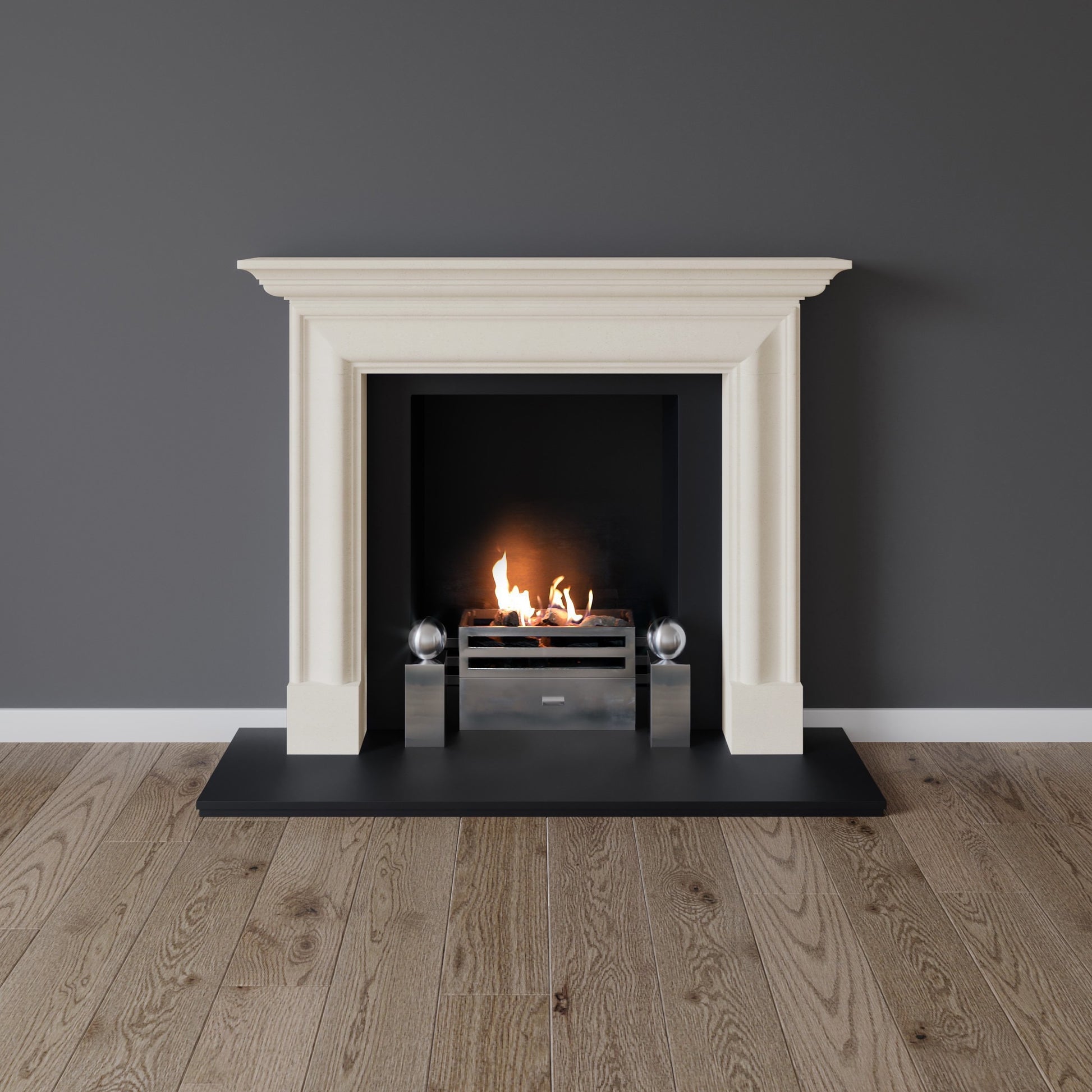 Dulwich fireplace in limestone with contemporary fire basket