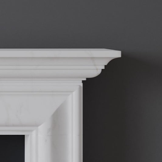 Detail of Dulwich fireplace in white marble