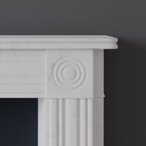 Detail of Fitzrovia fireplace in white marble