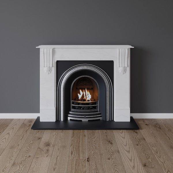 Hammersmith fireplace in white marble with open gas fire