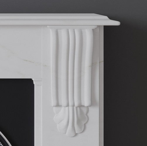 Detail of Hammersmith fireplace in white marble