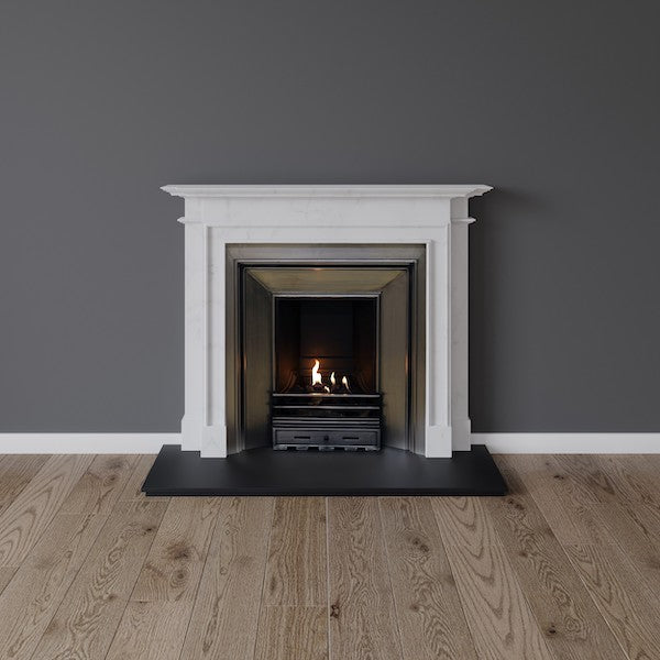 Hampstead fireplace in white marble with open gas fire