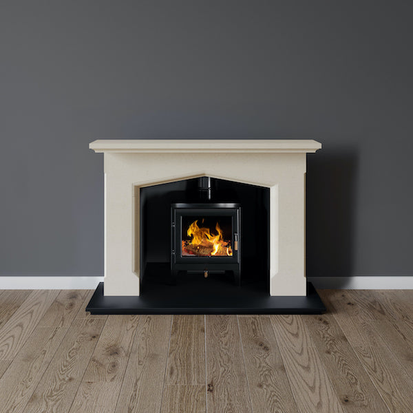 Lambeth fireplace in limestone with wood burning stove