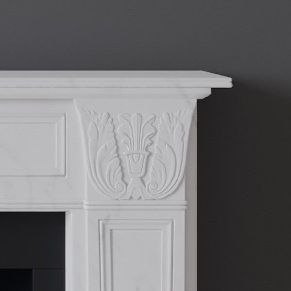 Detail of Putney fireplace in white marble