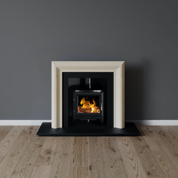 Smithfield fireplace in limestone with wood burning stove