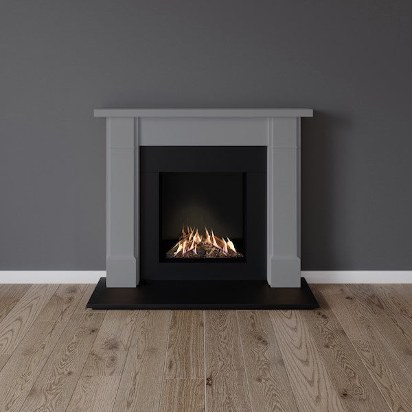 Victoria timber fireplace in grey with glass fronted gas fire