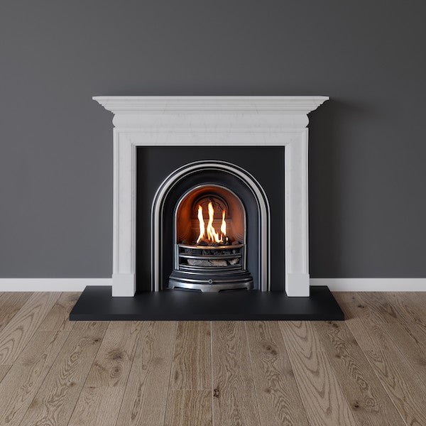 Woolwich fireplace in white marble with open fire