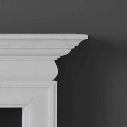 Detail of Woolwich fireplace in white marble